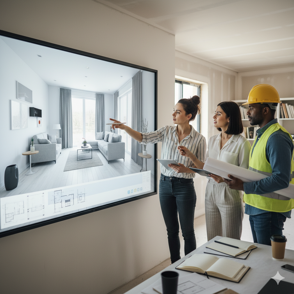 Team collaboration around 3D house design for renovation project