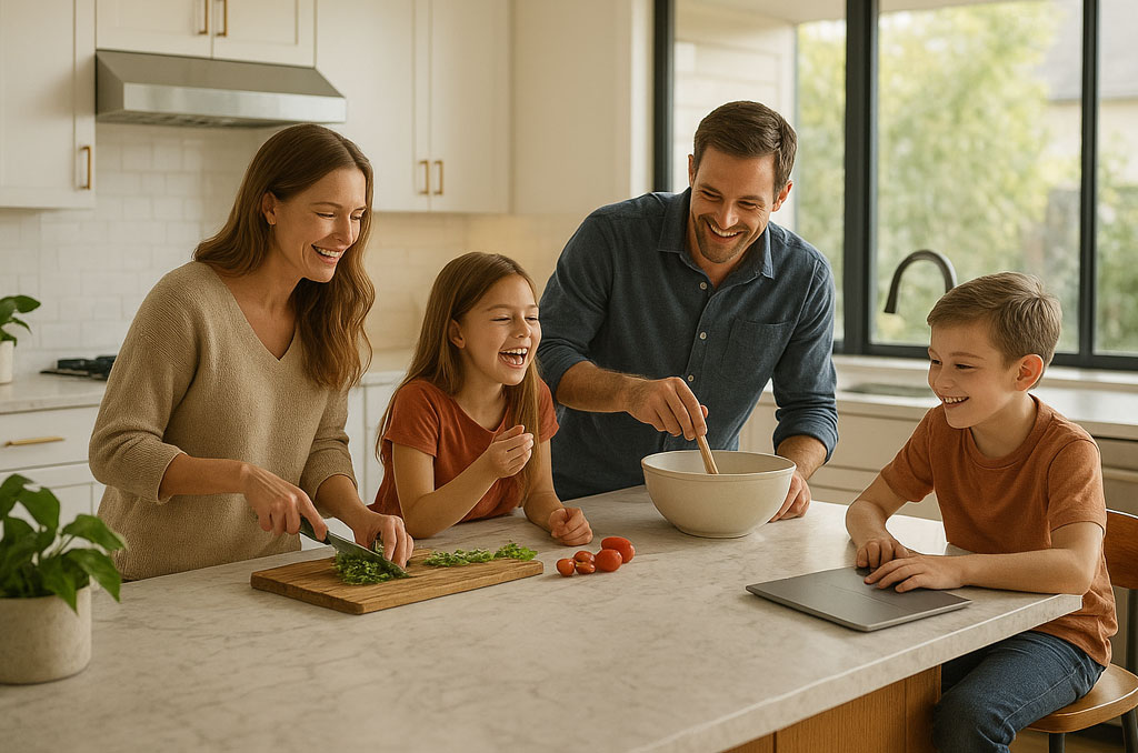 Bright open-plan modern kitchen with family preparing food at a central island
