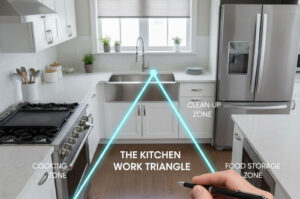 Overhead kitchen view showing the work triangle connecting stove, sink, and refrigerator