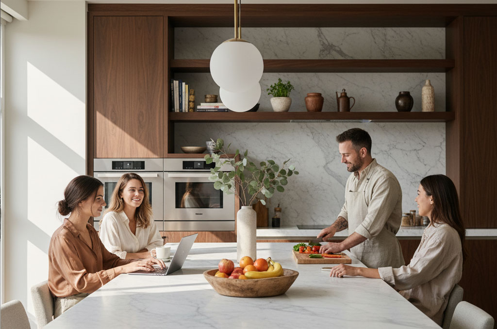 kitchen island with people gathered, showing social kitchen use