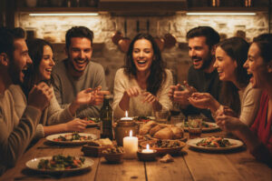 Family gathered around kitchen counter sharing a meal and laughing