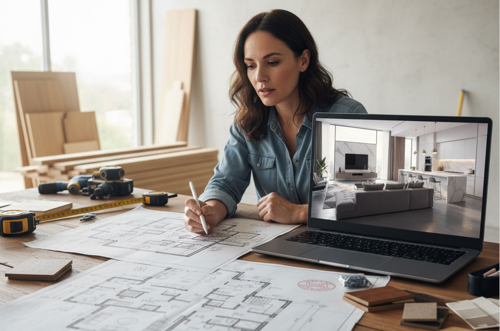 2D blueprints and 3D renders spread out on a table