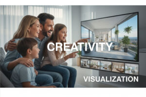 2D blueprints and 3D renders spread out on a table