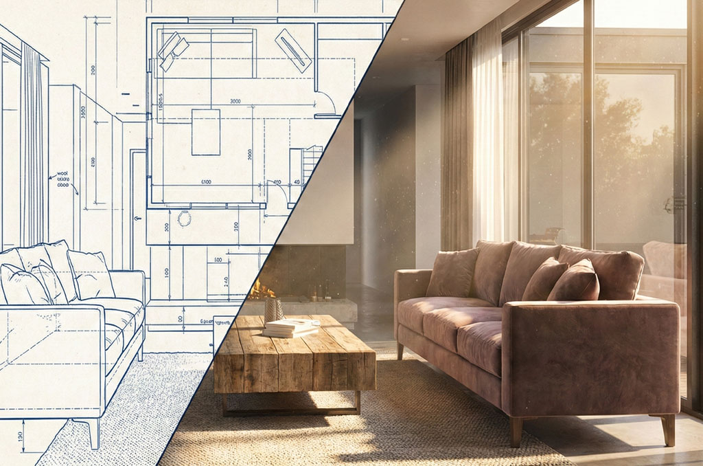 3D interior rendering of a modern living room with sunlight pouring through large windows