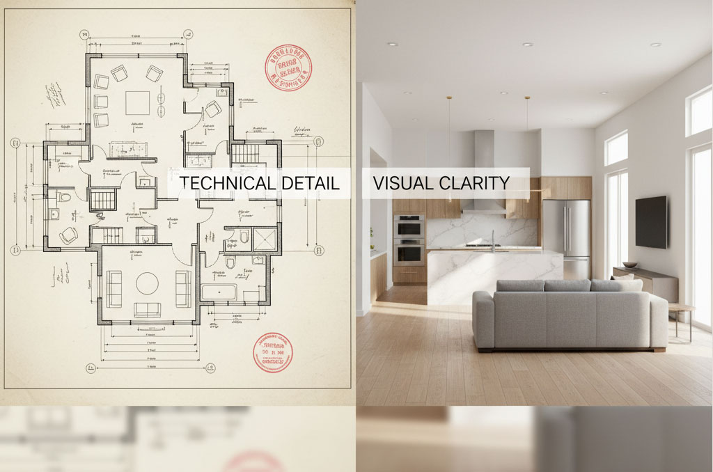 2D blueprint next to a vibrant, photorealistic 3D interior render of the same house