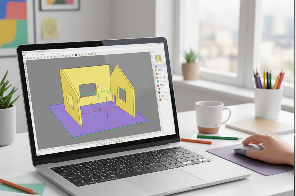 laptop displaying a simple 3D house model