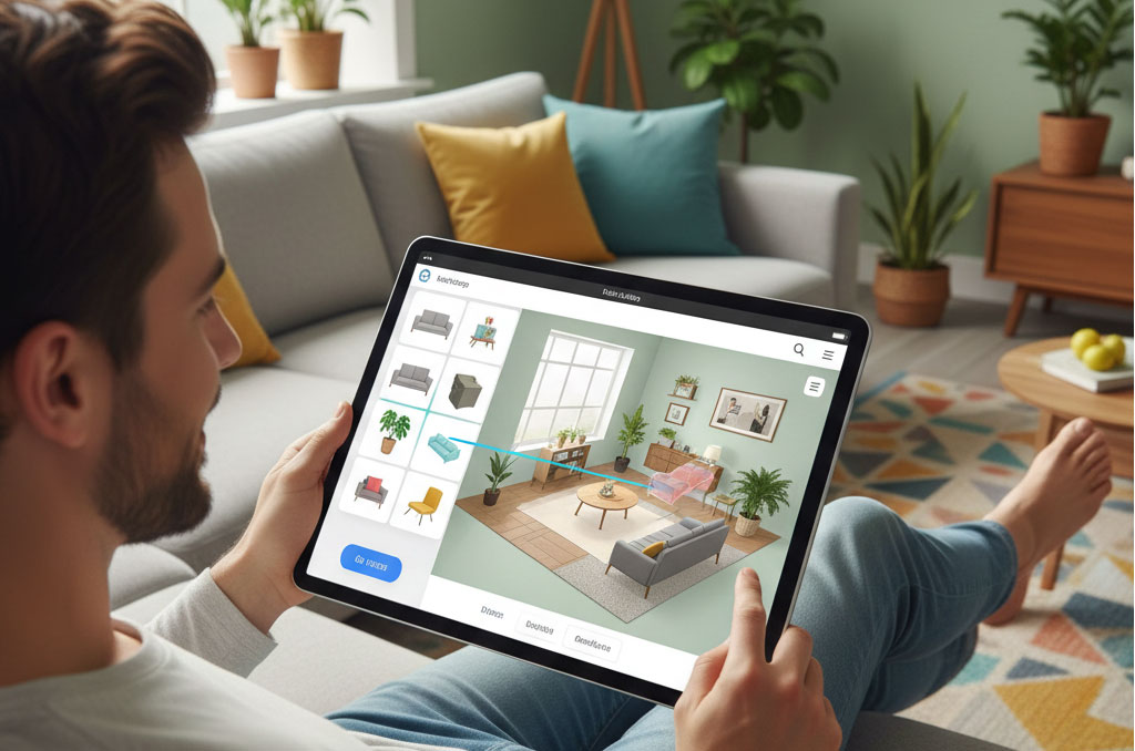 tablet to design a living room in 3D