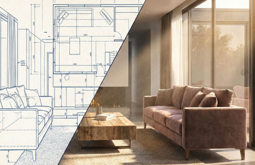 3D interior rendering of a modern living room with sunlight pouring through large windows