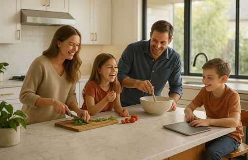 Bright open-plan modern kitchen with family preparing food at a central island